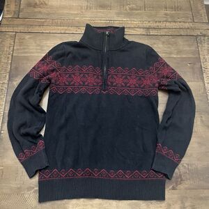 Snowflake Sweater black red Womens Eddie Bauer‎ Medium Knit Long Sleeve 1/4 Zip